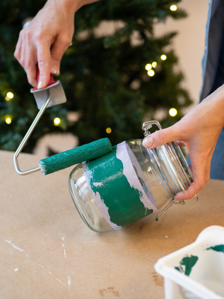 Paint glass jar with a mini felt roller